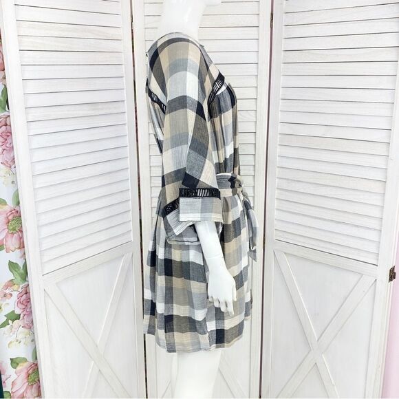 Maeve Anthropologie Plaid Kimono Tunic Dress Tie WaistTan Black Small - Picture 4 of 14